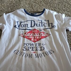 Von Dutch White Tee with Blue and Red Graphics